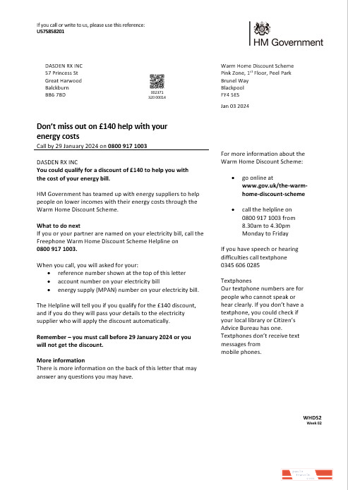 United Kingdom HM Government Warm Home Energy business utility bill template in Word and PDF formats